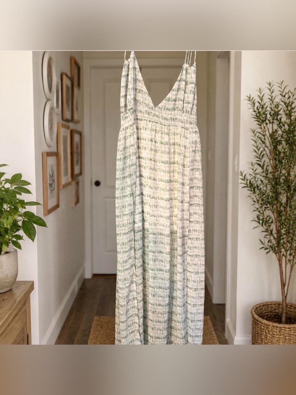 White and green tie dye maxi dress with spaghetti straps